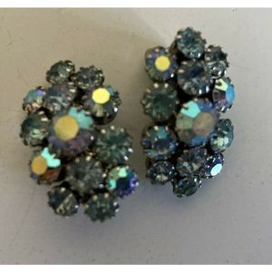 Vintage 1960's Sparkly Iridescent Blue Rhinestones Silver Tone Clip Earrings HP
